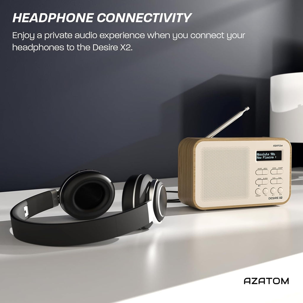 DAB/DAB+ & FM Portable Digital Radio | Simple Controls | Dual Alarms & Sleep Timer | Battery & Mains Powered (4x”AA”) | Bluetooth | Perfect for Home, Office or Outdoors | AZATOM Desire X2 (Oak)