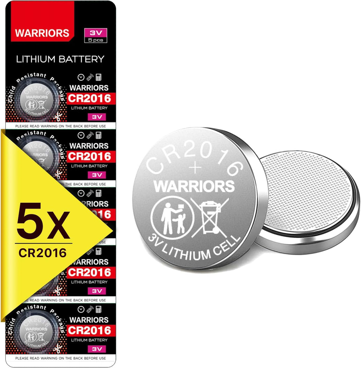 Warriors 5X CR2016 Batteries, 3V Lithium Coin Batteries