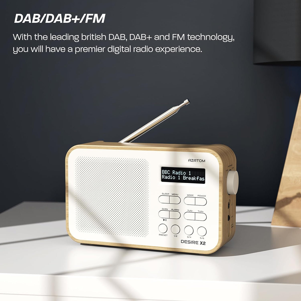 DAB/DAB+ & FM Portable Digital Radio | Simple Controls | Dual Alarms & Sleep Timer | Battery & Mains Powered (4x”AA”) | Bluetooth | Perfect for Home, Office or Outdoors | AZATOM Desire X2 (Oak)
