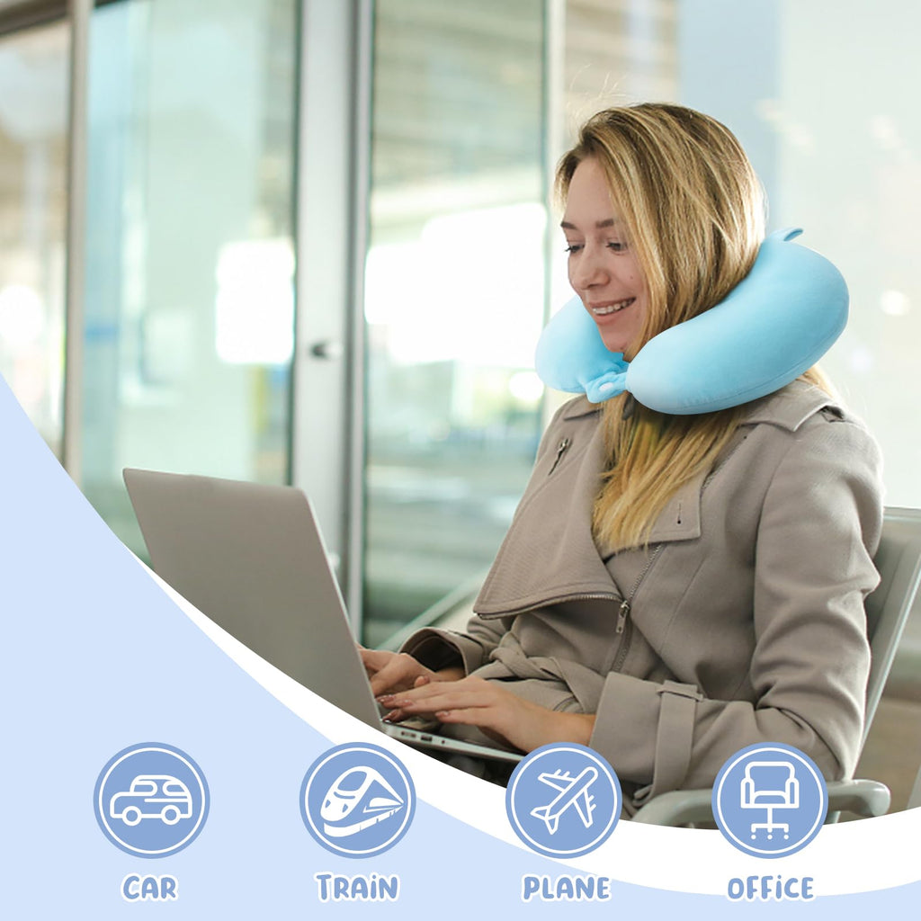 WENGX Travel Neck Pillow With Storage Bag Memory Foam Head Support Flight Pillows Cushion for Airplane Train Car Office Travel Essential for a Long Hauls Sleeping Rest(Pale Pink)