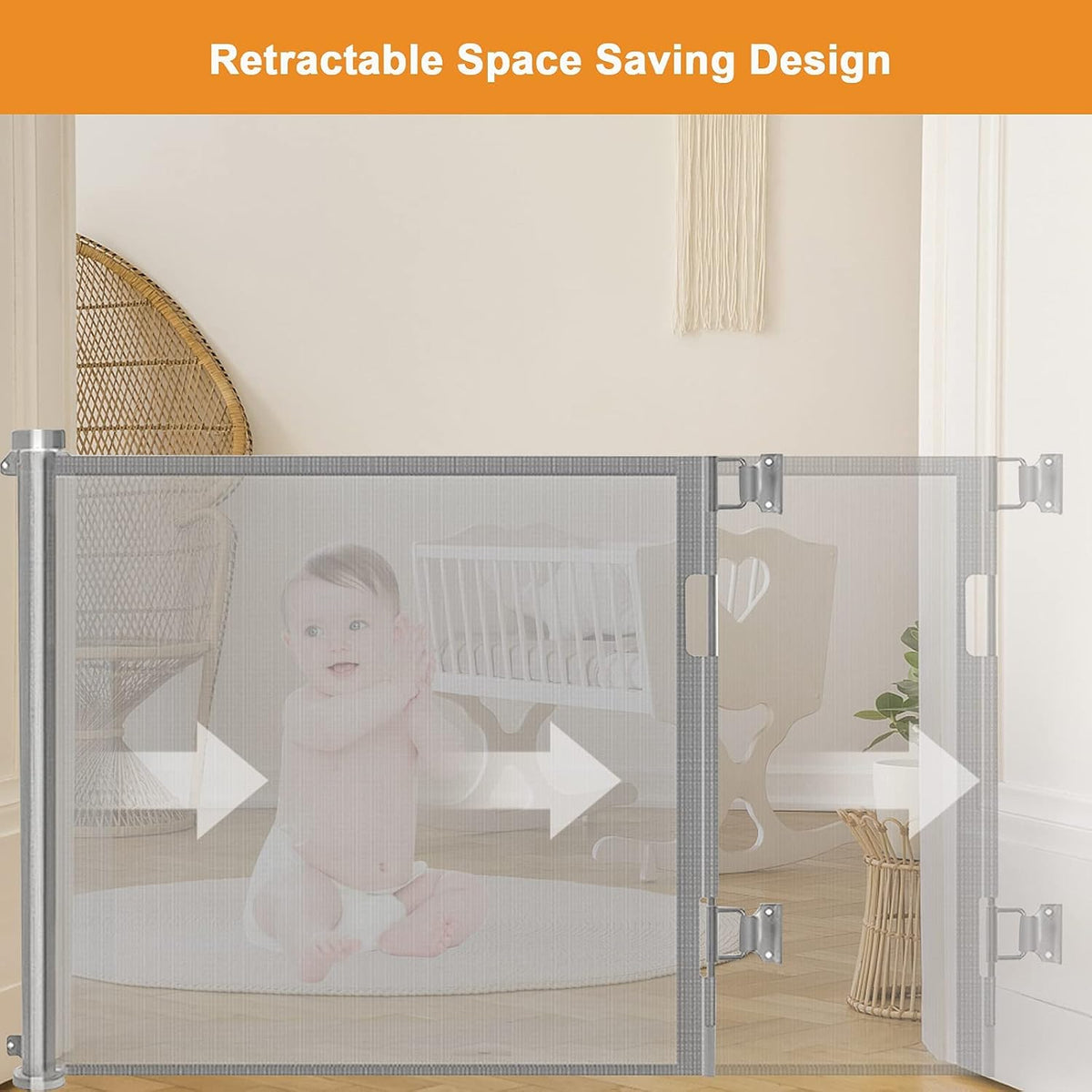 Retractable Stair Gate for Baby, Extra Wider Safety Dog Gate 150cm, 86cm Tall, One Hand Operated Baby Gate for Stairways & Hallways, Indoor & Outdoor, Grey (150cm)