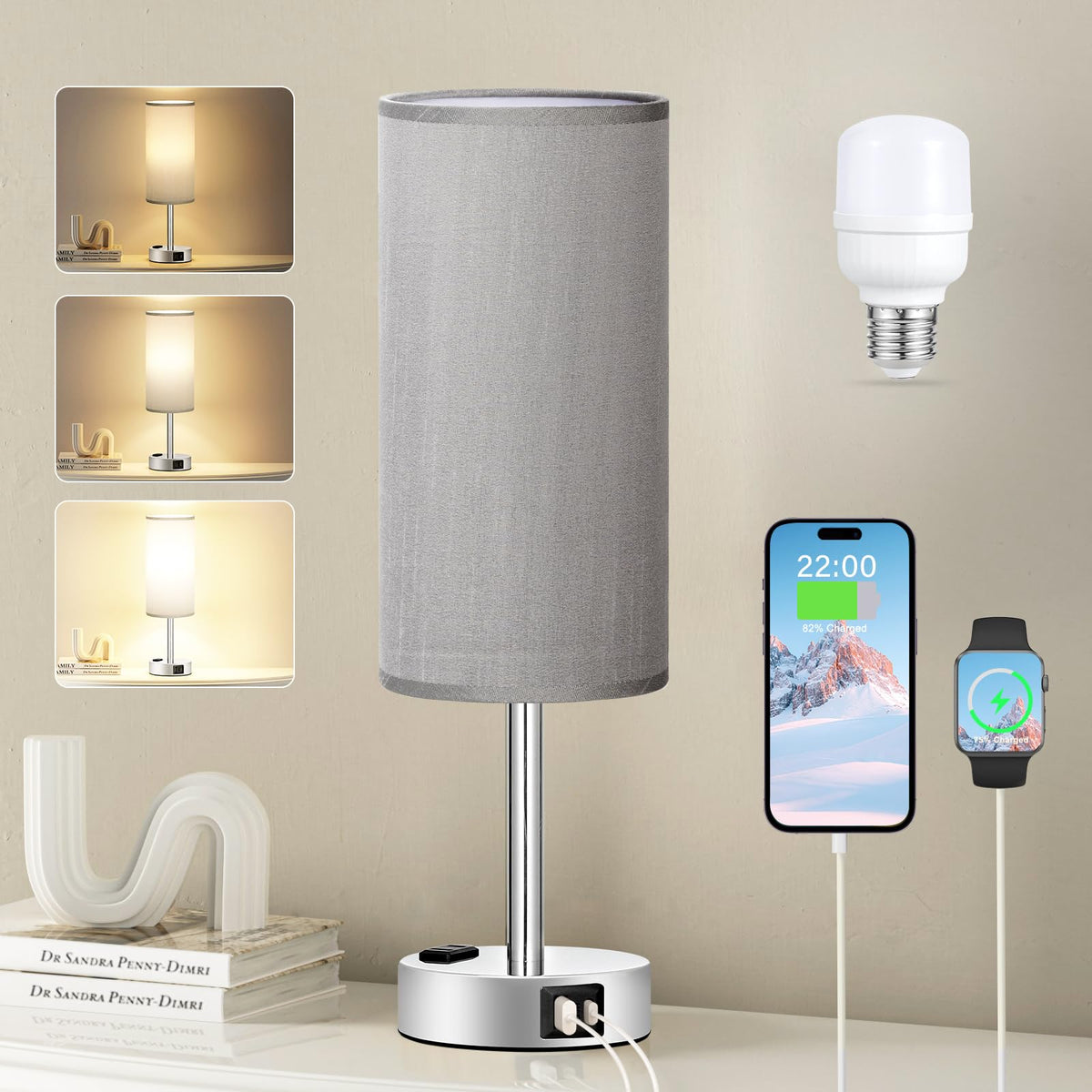 Fenmzee Bedside Table Lamp Set of 2 - Dimmable Touch, USB A+C, AC Outlet