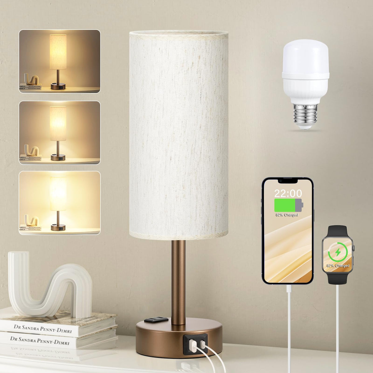 Fenmzee Bedside Table Lamp Set of 2 - Dimmable Touch, USB A+C, AC Outlet