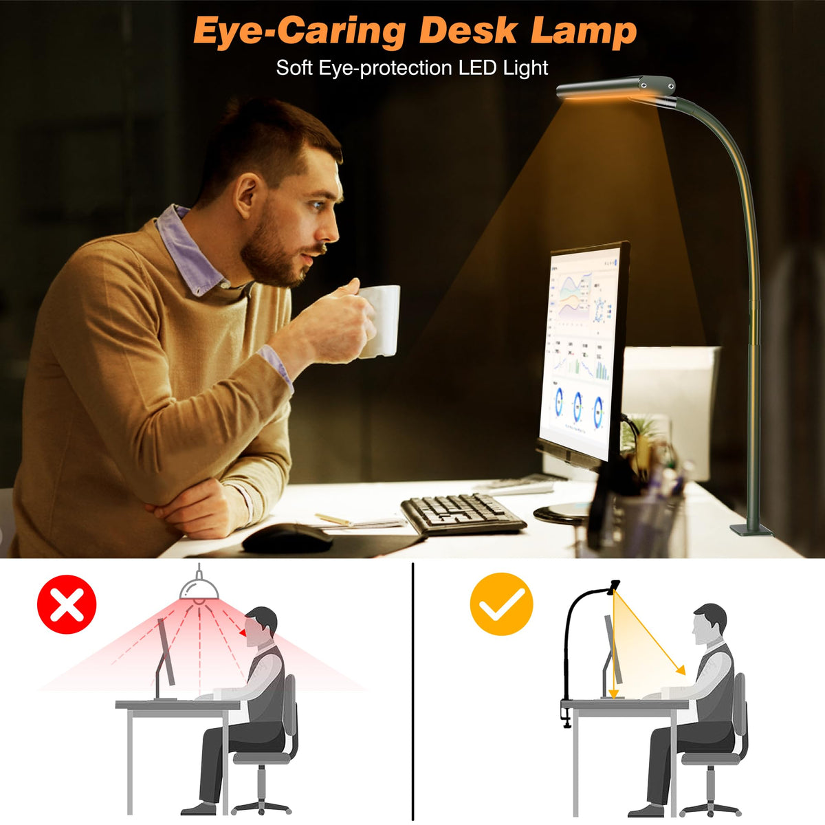 Airlonv LED Desk Lamp with Clamp, 17" Stepless Dimming Light, Black