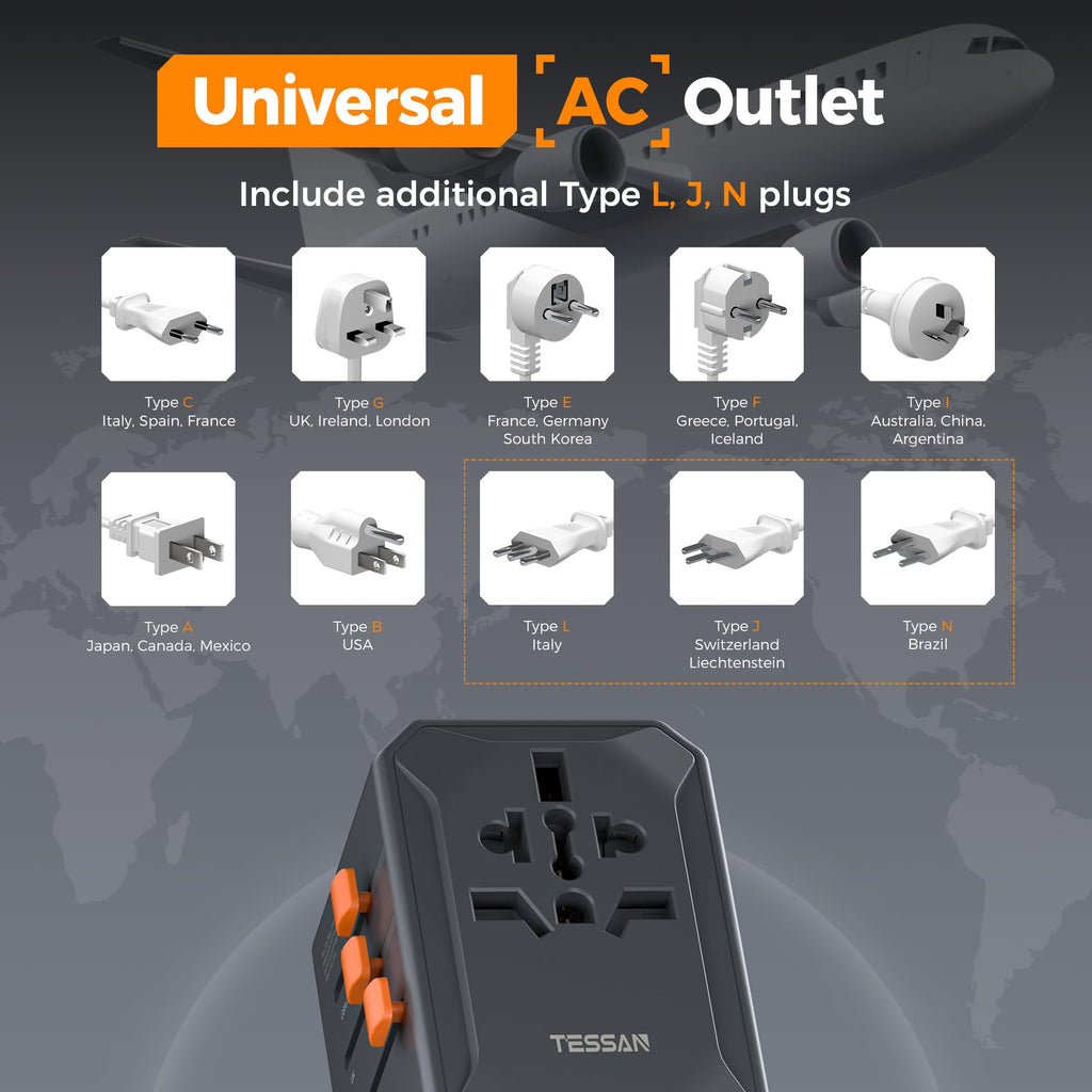 TESSAN Universal Travel Adapter Worldwide with 2 USB C and 2 USB A Ports