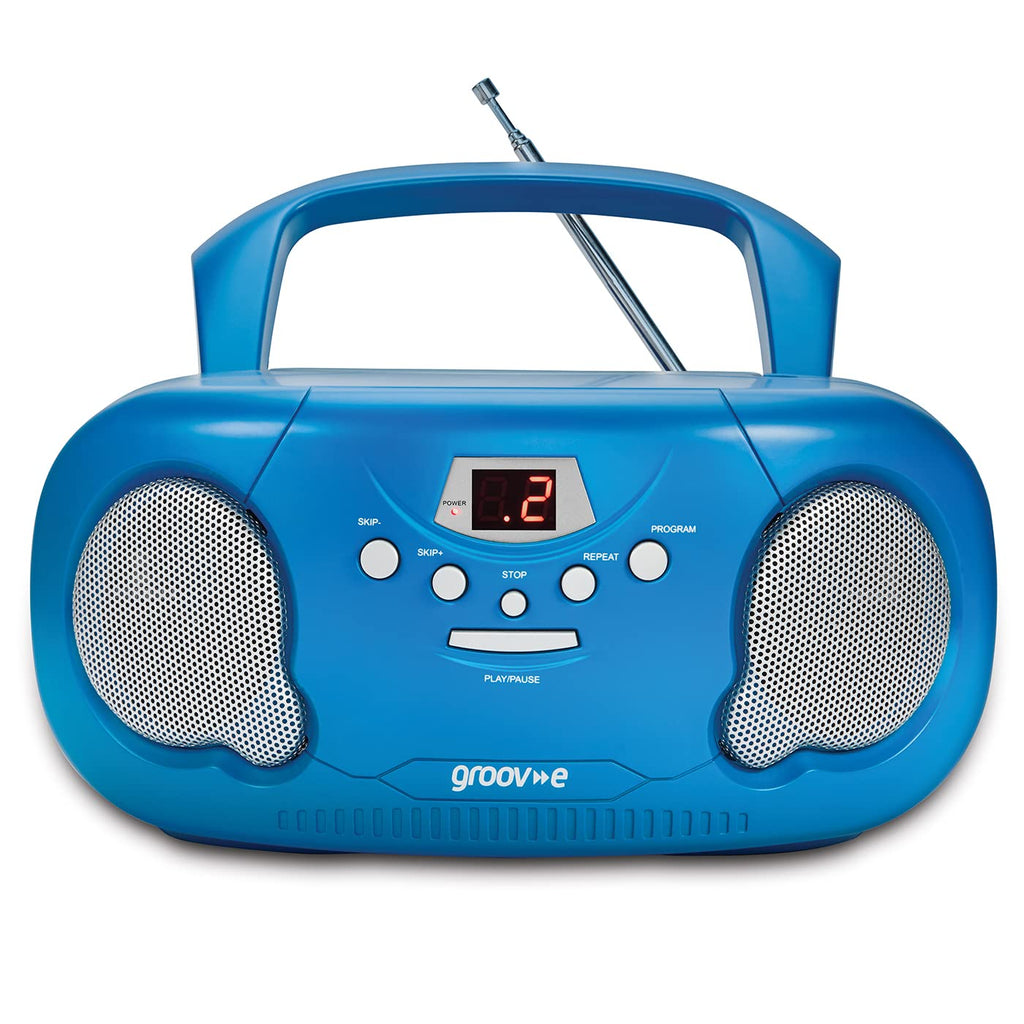 Groov-e Original Boombox - Portable CD Player with Bluetooth, Radio, 3.5mm Aux Port, & Headphone Socket - LED Display, 2 x 1.2W Speakers - Battery or Mains Powered - Blue