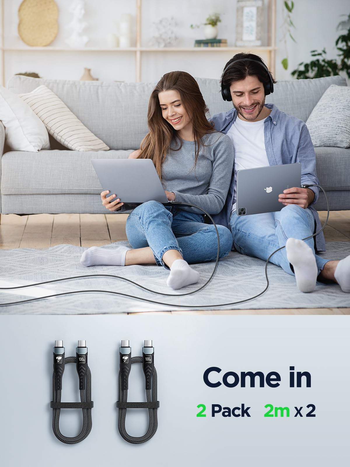USB C to USB C, 100W 5A Fast Charging Cable [2Pack/2M] USB Type C Charger Fast Charge Lead Usbc to Usbc Cable for iPhone 15 16 17 Pro Max Plus iPad Pro MacBook Samsung Galaxy S23 S22 S24 S25 Ultra etc