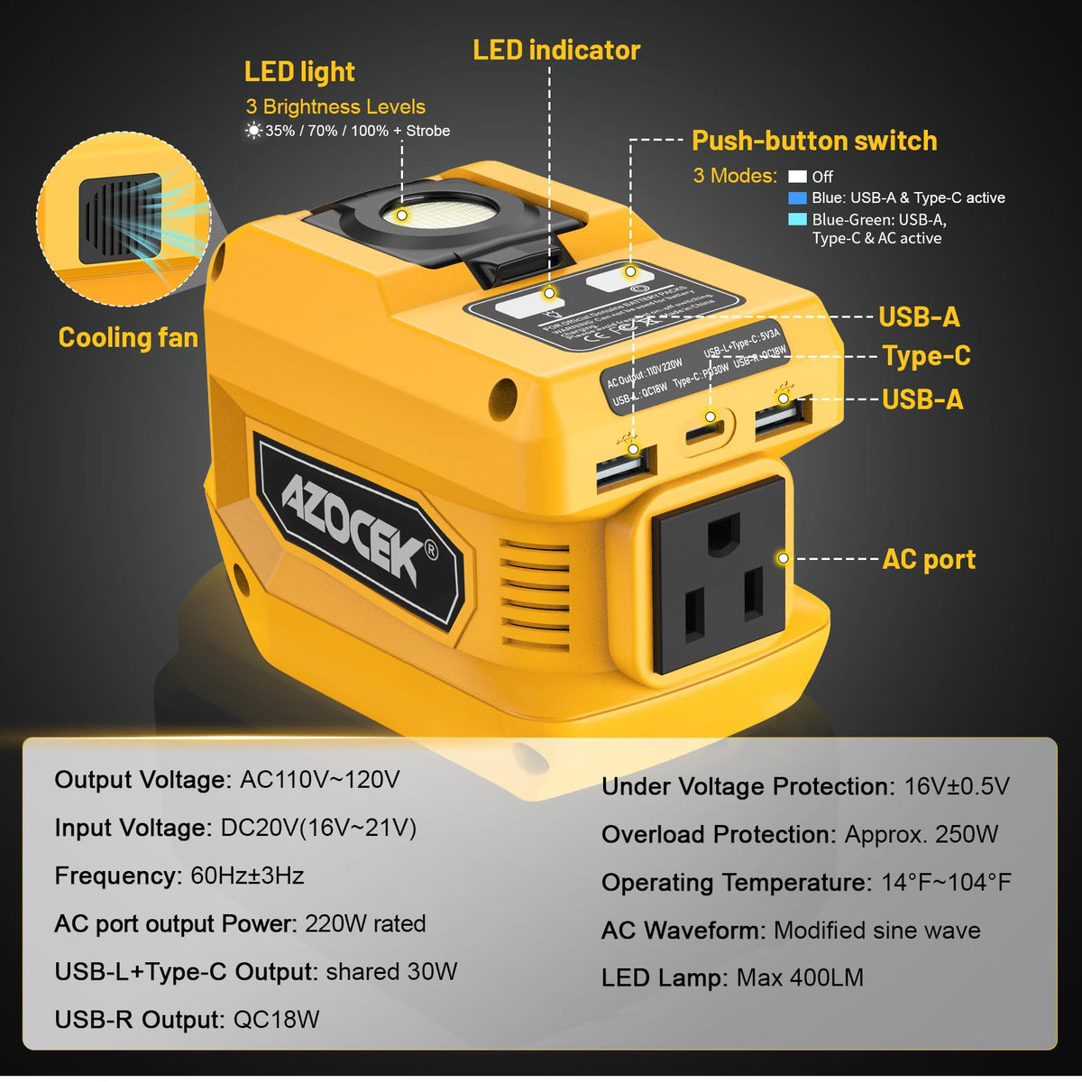 Azocek 220W Power Inverter Compatible with Dewalt 20V Battery