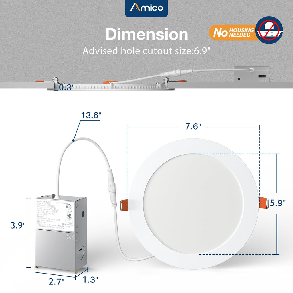 Amico 12 Pack 3 Inch LED Recessed Lighting, Canless Wafer Downlight, White