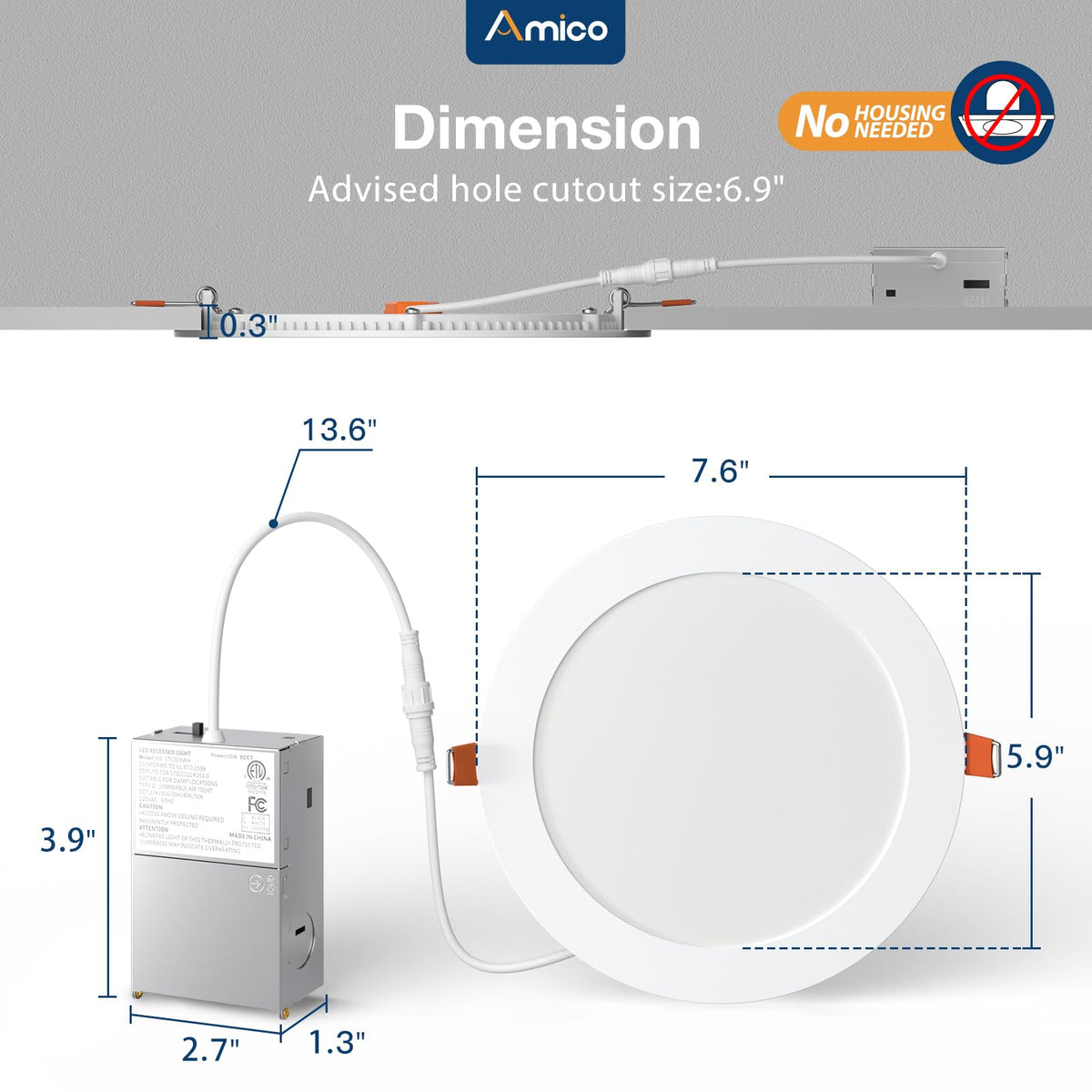 Amico 12 Pack 3 Inch LED Recessed Lighting, Canless Wafer Downlight, White