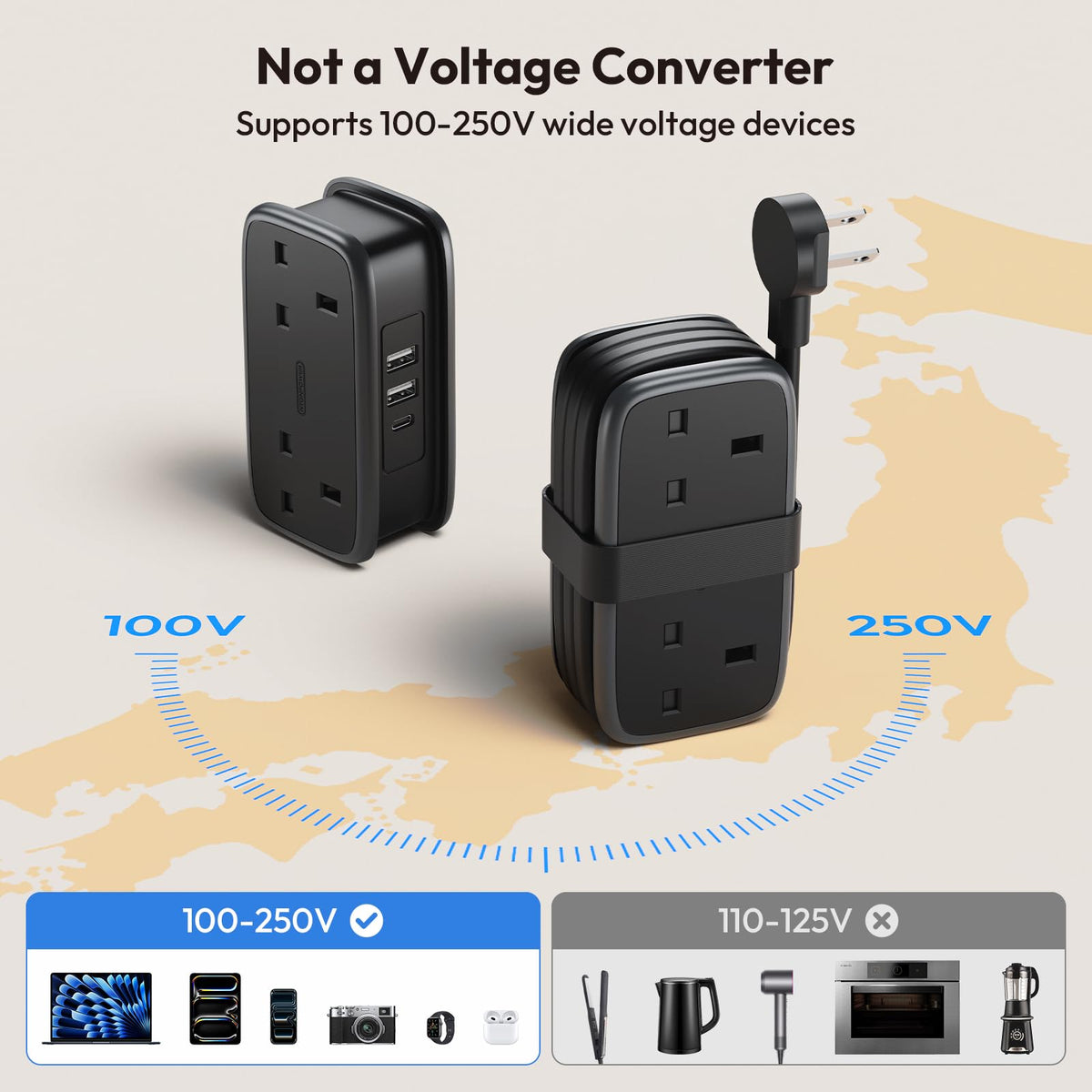NTONPOWER UK to European Plug Adapter with 1.2M Extension Cable，2 Way Travel Extension Lead with 3 USB(2A+1C) Compact Travel Adapter for Germany France Spain Turkey Greece Iceland etc(Type E/F)