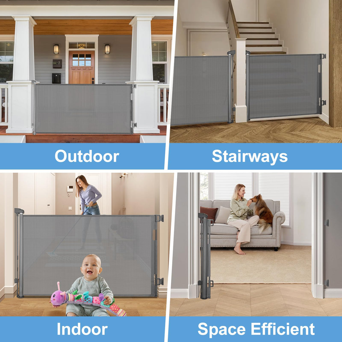 Retractable Mesh Baby & Dog Gate for Stairs, 86cm Tall x 140cm Wide, Black