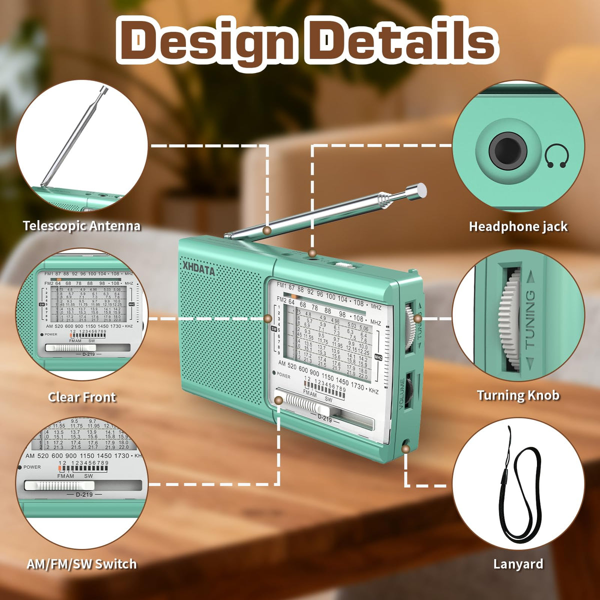 XHDATA D219 Portable Radio Retro FM AM SW Radio Battery Operated for Household Outdoor Camping Hiking Pocket Radio Beige