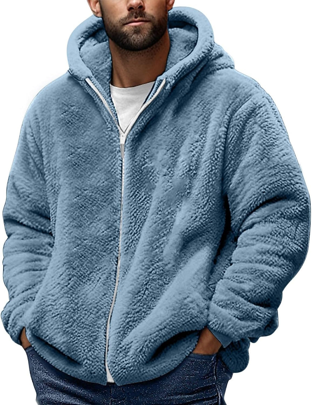Teddy Fleece Jacket Mens, Full Zip Up Hoodies Long Sleeve Sherpa Fleece Winter Coats Fluffy Warm Jackets Thick Plush Oversized Hoodie Thermal Hooded Jumper Coat Cozy Cardigan Plus Size