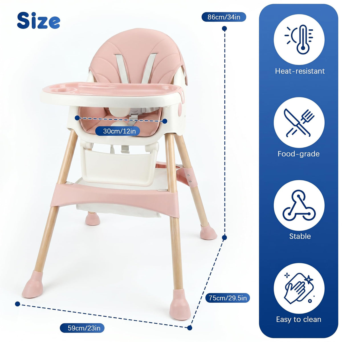 Baby High Chair Foldable Highchair, High Chairs for Babies and Toddlers Adjustable Height & Reclining Seat Detachable Double Tray, Ergonomic Feeding Portable Highchairs for Newborn 6 Months to 5 Years