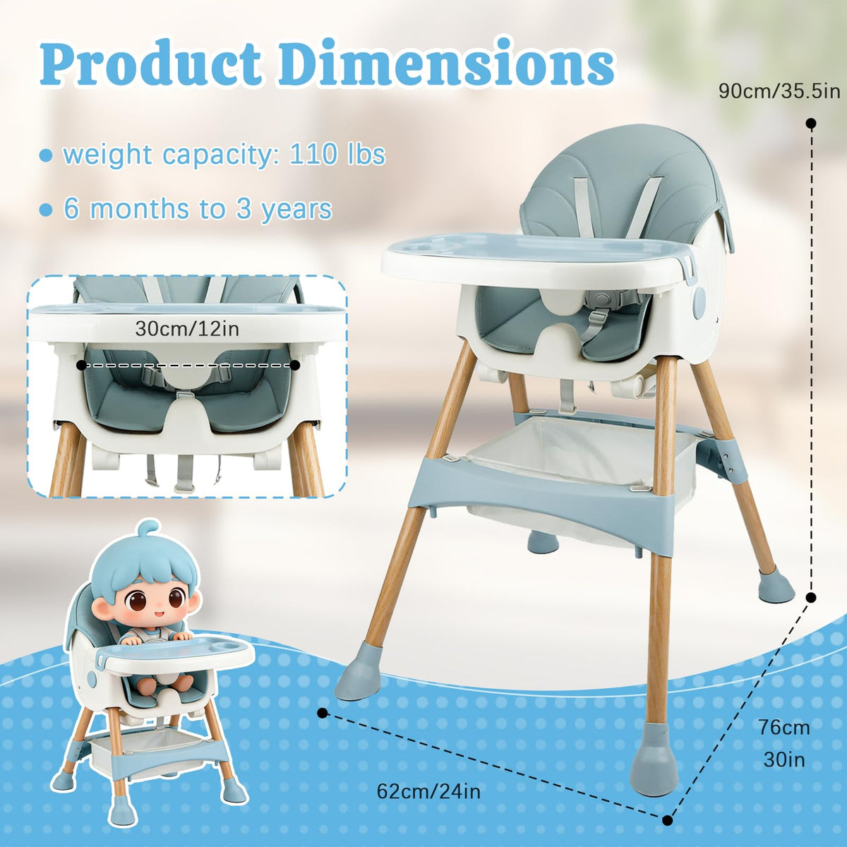 Baby High Chair Foldable Highchair, High Chairs for Babies and Toddlers Adjustable Height & Reclining Seat Detachable Double Tray, Ergonomic Feeding Portable Highchairs for Newborn 6 Months to 5 Years