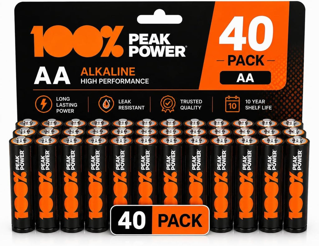 100PP AA Batteries 40 Pack | Alkaline 1.5V, 10-Year Shelf Life