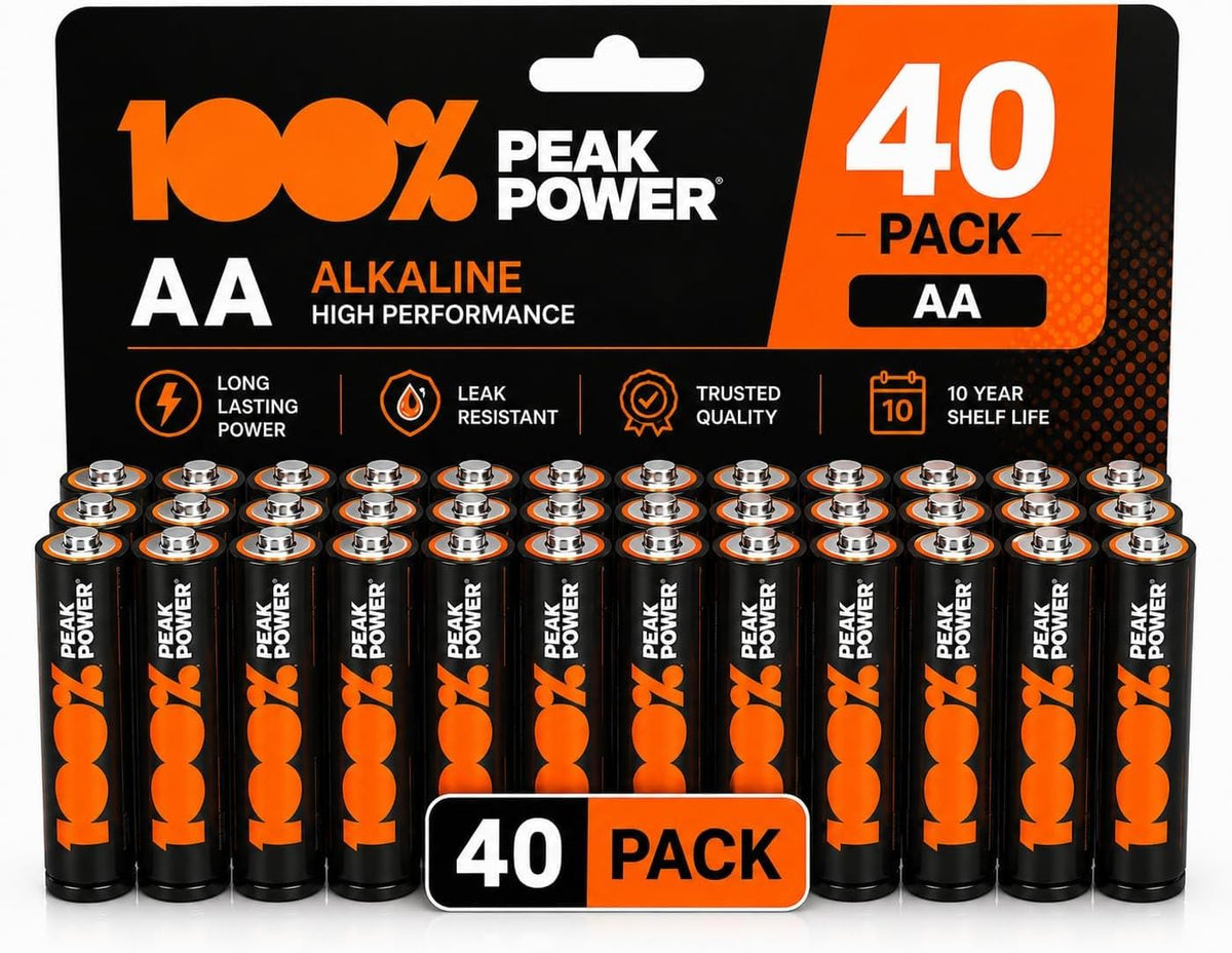 100PP AA Batteries 40 Pack | Alkaline 1.5V, 10-Year Shelf Life