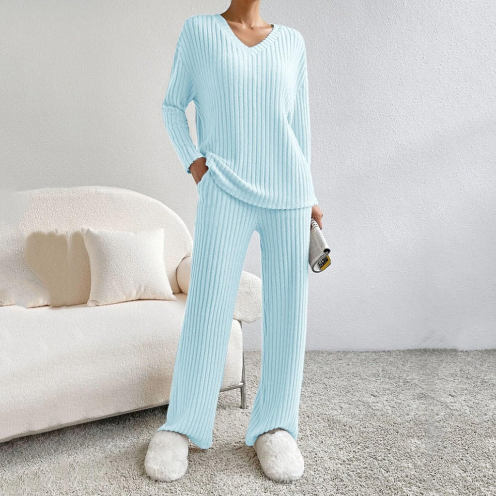 Lounge Wear Sets For Women Uk, Womens Pyjamas Set Long, Ladies Ribbed Loungewear Knit Outfits Womens Tracksuits 2 Piece Set V Neck Casual Casual Homewear