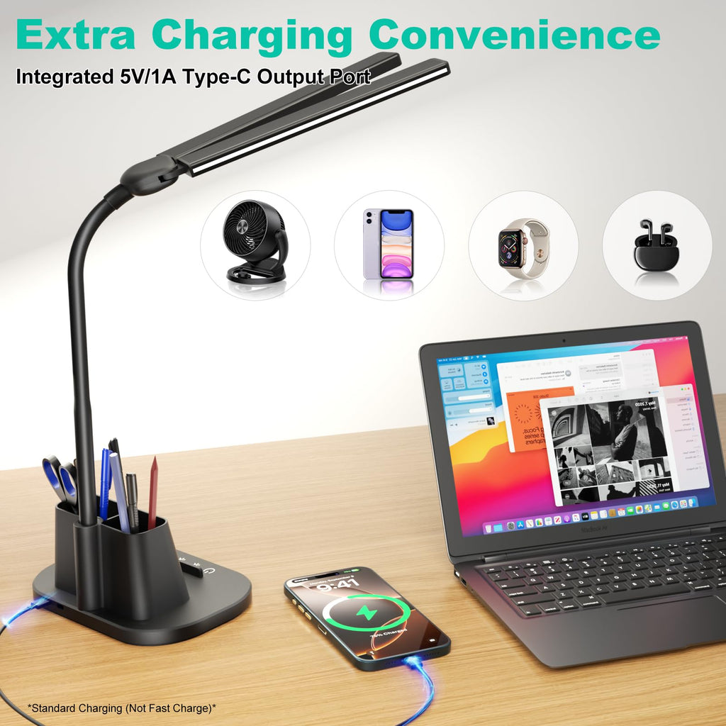 Airlonv LED Desk Lamp with Clamp, 17" Stepless Dimming Light, Black