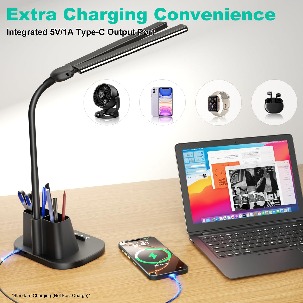 Airlonv LED Desk Lamp with Clamp, 17" Stepless Dimming Light, Black