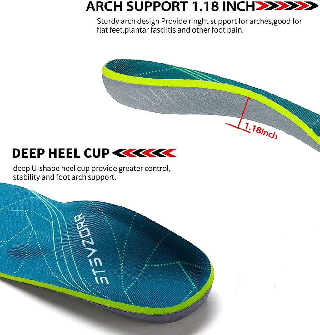 Plantar Fasciitis Arch Support Orthopedic Insoles Relieve Flat Feet Heel Pain Shock Absorption Comfortable Inserts(Size:UK-7,Length:10.25",Green)