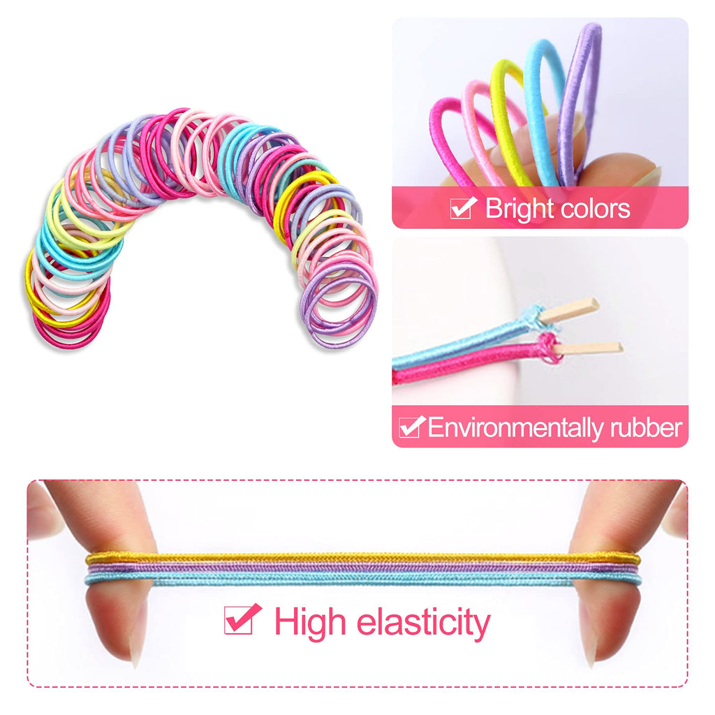 Hanyousheng 200 Pieces Hair Ties,Elastic Hairbands Ponytail Holders Hair Tie, Multicolor 2mm Hair Bands No Crease Hair Elastics Small Ponytail Holders Hair Accessories for Kids Girls Infants Toddlers