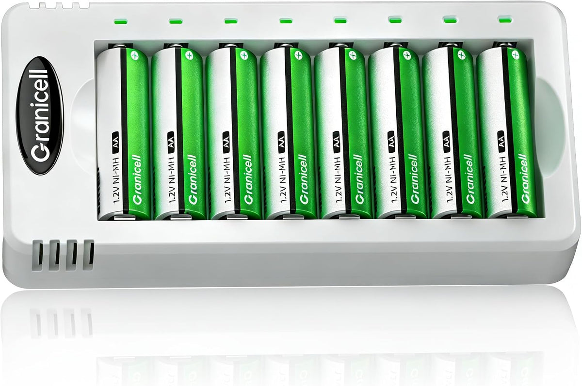 Granicell AA Rechargeable Batteries with Charger, 8 Slot Smart Battery Charger with 8 Pcs 2800mAh High Capacity NiMH AA Batteries, USB Smart Charging