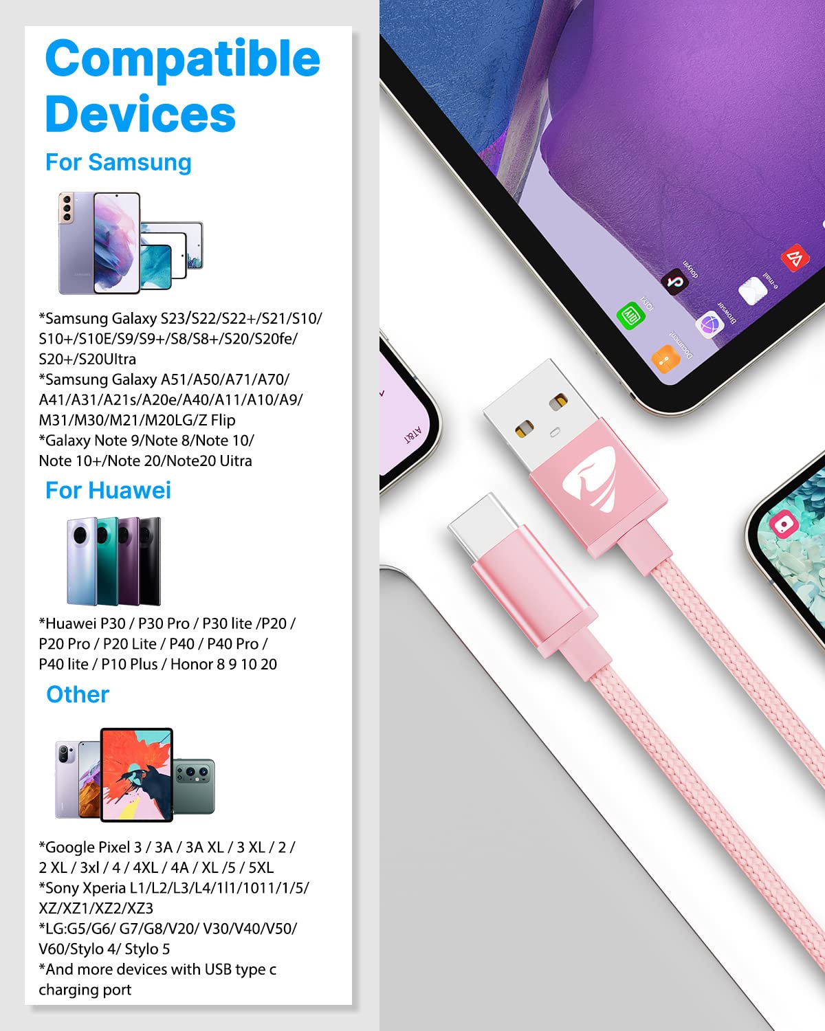 USB C Charger Cable 3M 2Pack Type C Charger Fast Charging 3A Lead Braided for Samsung Galaxy S23 S22 S21 S20 S10 S9 S8 A12 A13 A20e A21s A53 A70,Google Pixel 7 6,Huawei P30 P40,Sony Xperia,Switch,PS5