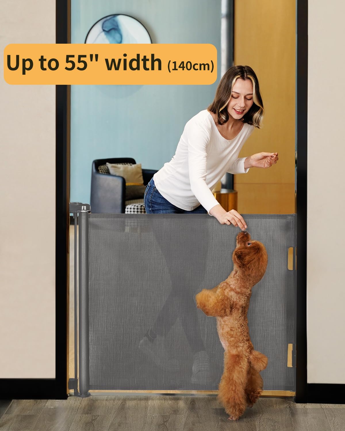Retractable Mesh Baby & Dog Gate for Stairs, 86cm Tall x 140cm Wide, Black