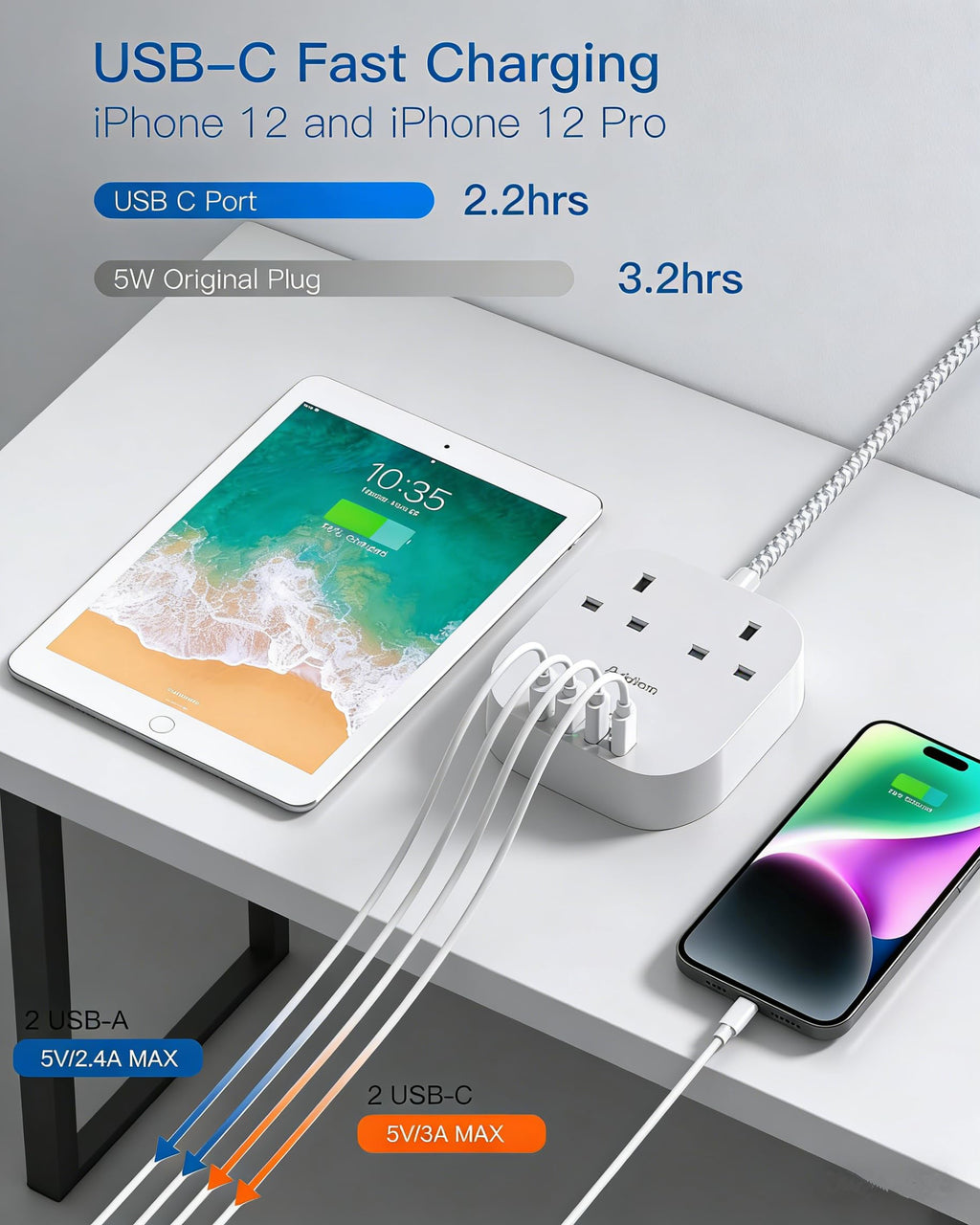 Addtam Extension Lead with USB Slots, Power Strips with 2 Way Outlets 4 USB