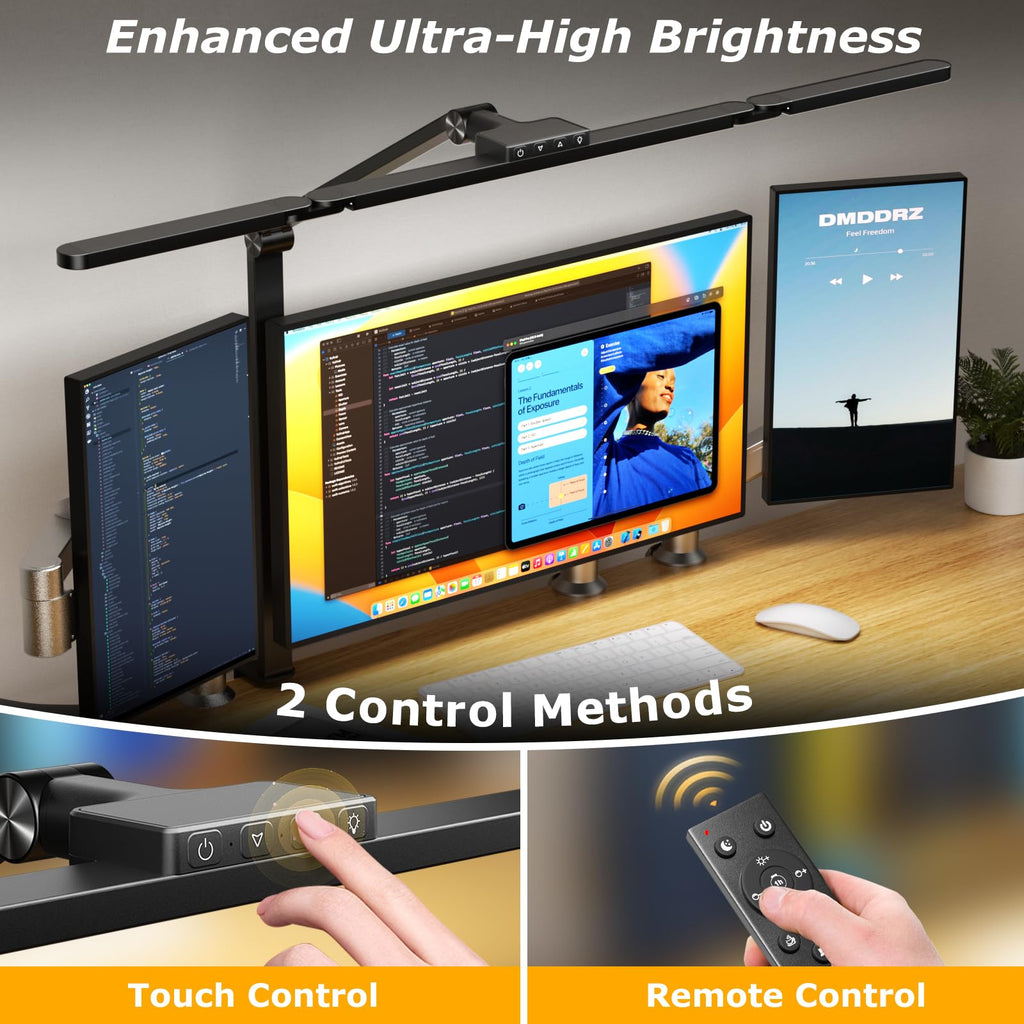 Airlonv LED Desk Lamp with Clamp, 17" Stepless Dimming Light, Black