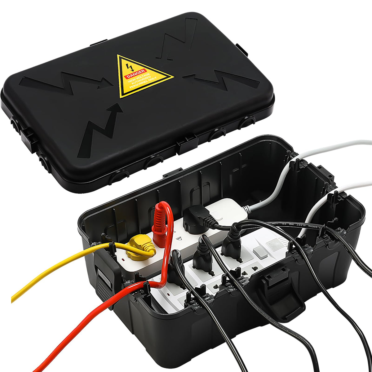 Hrensaw Medium Outdoor Electrical Box(10.6x5.5x4.5inch),Weatherproof Connection Box w/6 Cable Entry,IP54 Waterproof Extension Cord Cover Protect Power Strip,Timer,Plug,Holiday Lights,Black