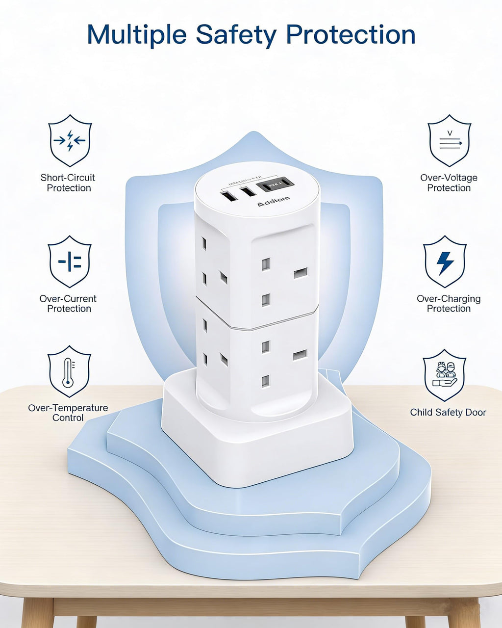Tower Extension Lead with USB Slots, 8 Way Multi Plug Extension Tower &4USB