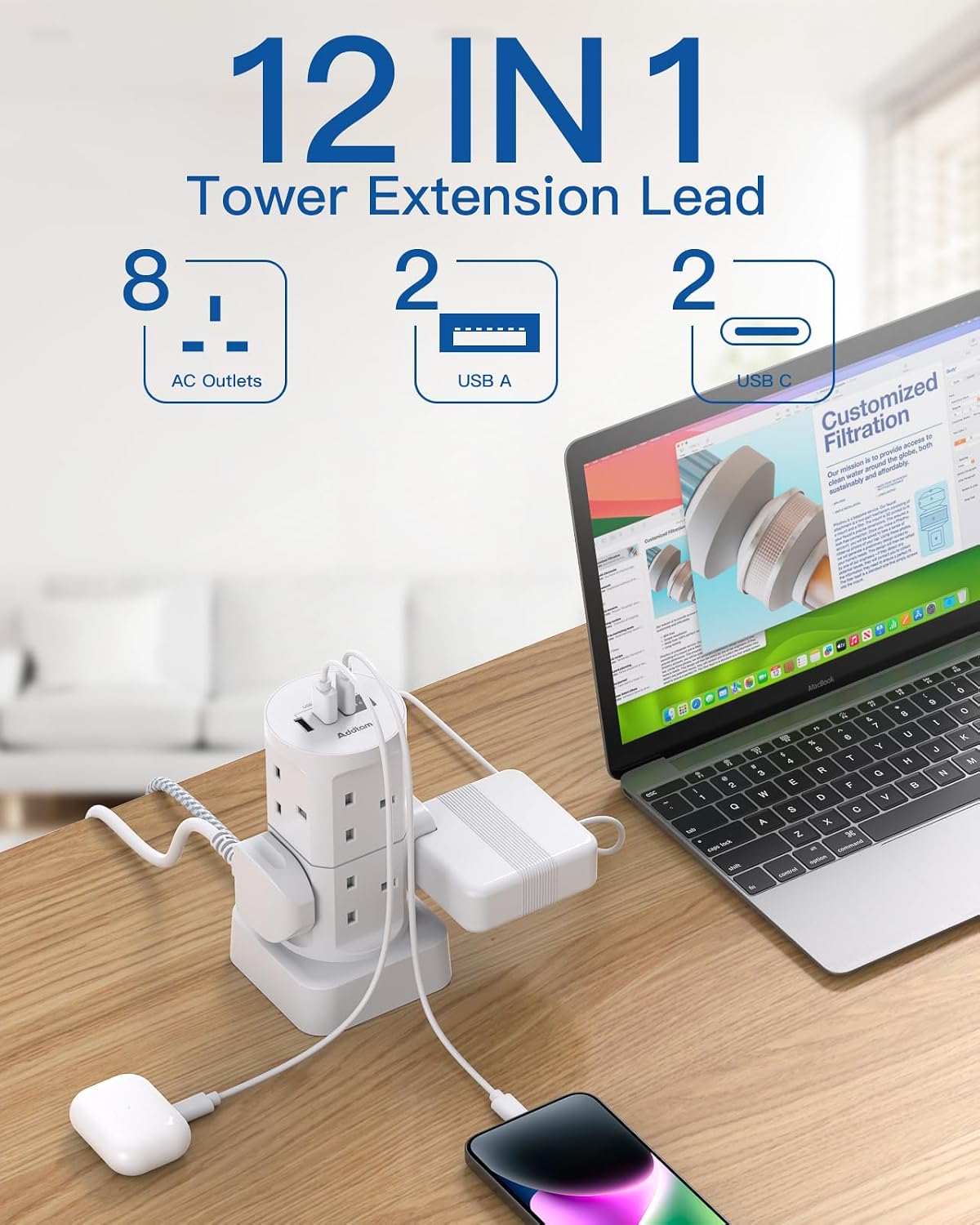 Tower Extension Lead with USB Slots, 8 Way Multi Plug Extension Tower &4USB