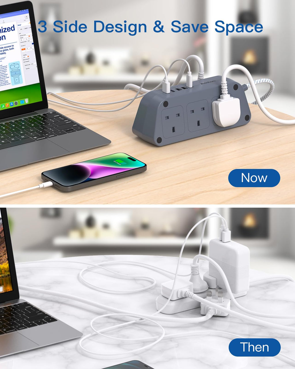 Extension Lead with USB Slots, 6 Way Outlets 5 USB (5A, 3 USB- C Port),1.6M