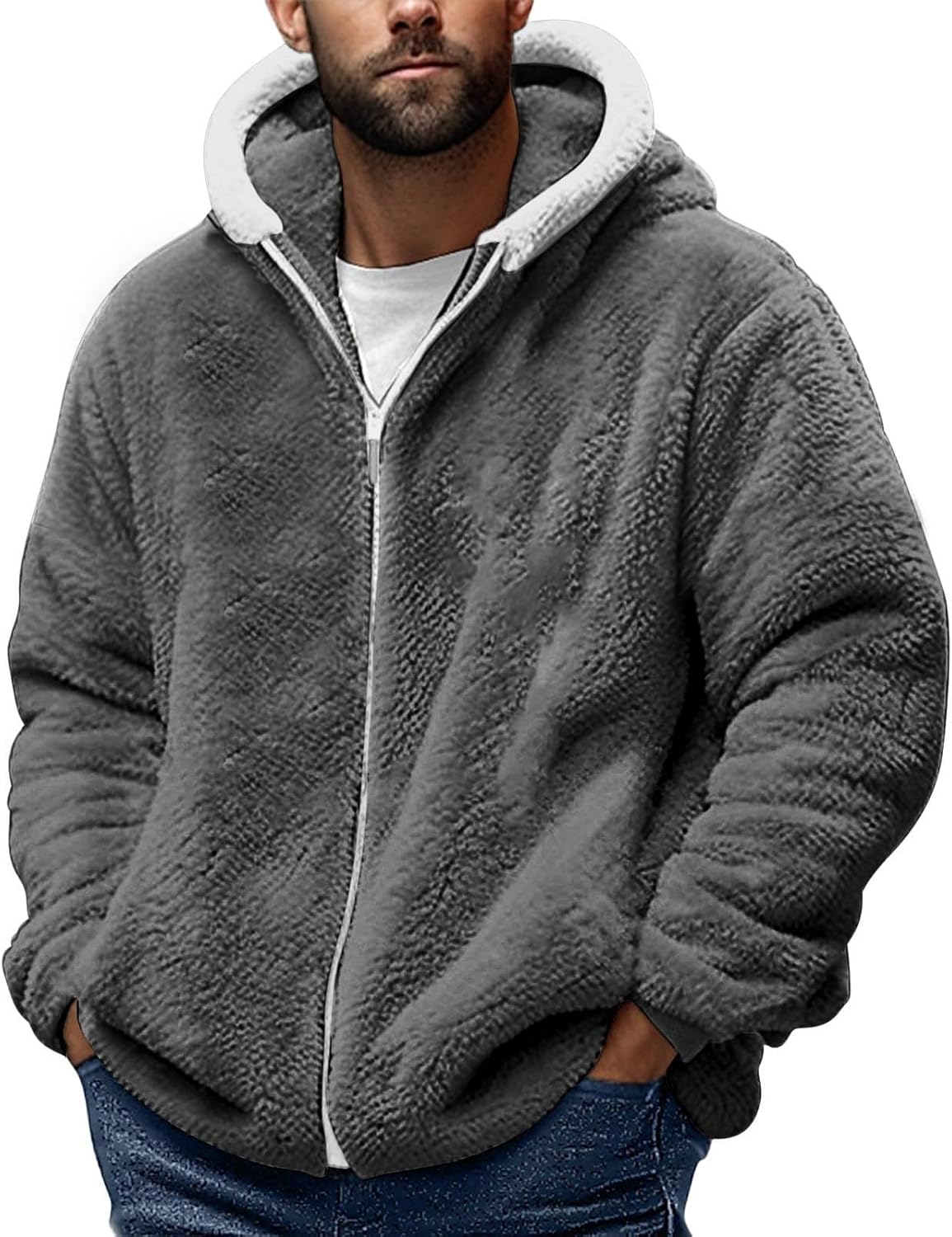 Teddy Fleece Jacket Mens, Full Zip Up Hoodies Long Sleeve Sherpa Fleece Winter Coats Fluffy Warm Jackets Thick Plush Oversized Hoodie Thermal Hooded Jumper Coat Cozy Cardigan Plus Size