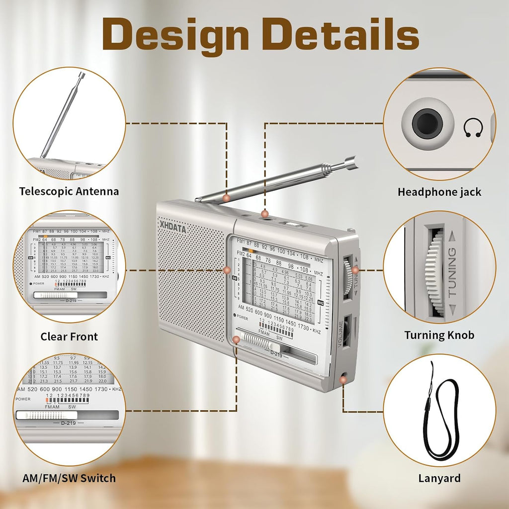 XHDATA D219 Portable Radio Retro FM AM SW Radio Battery Operated for Household Outdoor Camping Hiking Pocket Radio Beige