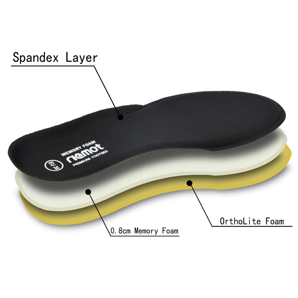 riemot Memory Foam Insoles for Men and Women - Replacement Shoe Inserts Comfort Cushioning for Sports Shoes, Trainers, Sneakers, Work Boots and Walking Shoes, Black with Yellow Base, UK8 / EU42