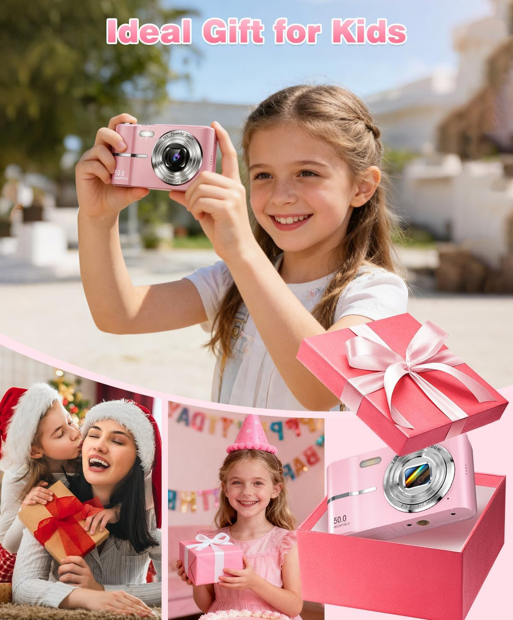 Digital Camera, 1080P FHD Vlogging Camera 50MP Compact Portable Photo Camera with 2.4" Screen, 16X Digital Zoom Mini Small Pocket Camera for Kids Students with 1 Battery, 16GB Card (Pink)