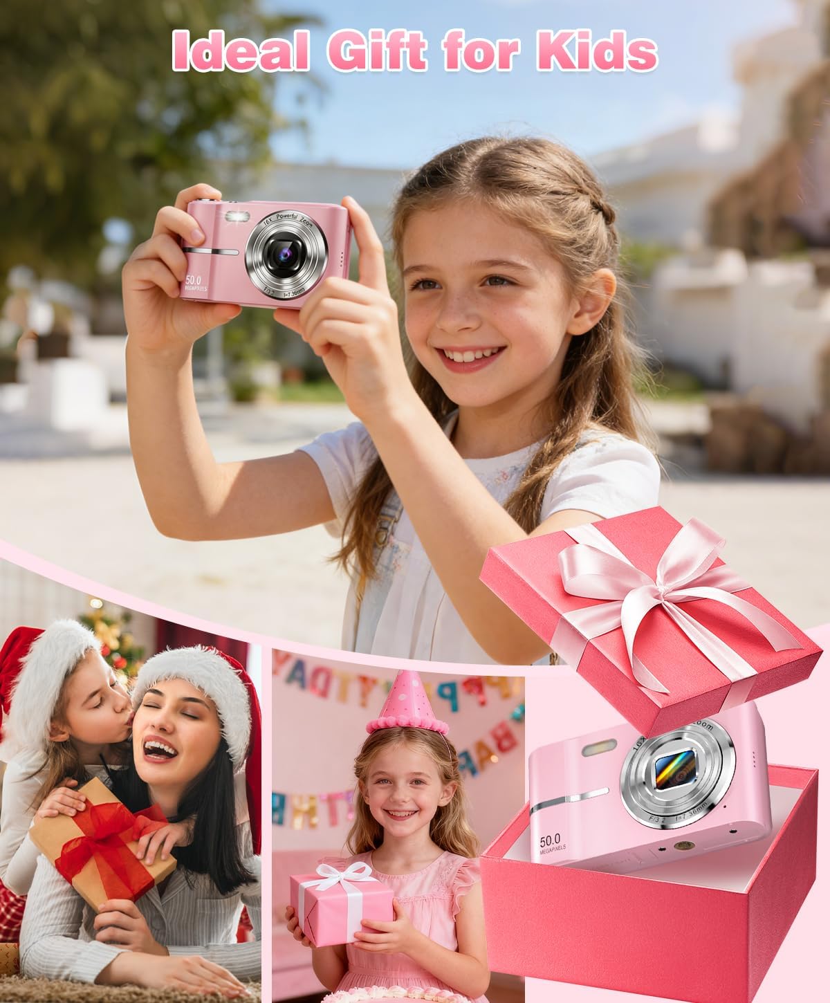 Digital Camera, 1080P FHD Vlogging Camera 50MP Compact Portable Photo Camera with 2.4" Screen, 16X Digital Zoom Mini Small Pocket Camera for Kids Students with 1 Battery, 16GB Card (Pink)