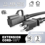 HUANCHAIN Indoor Black Extension Cord 3 FT Waterproof 16/3 Gauge