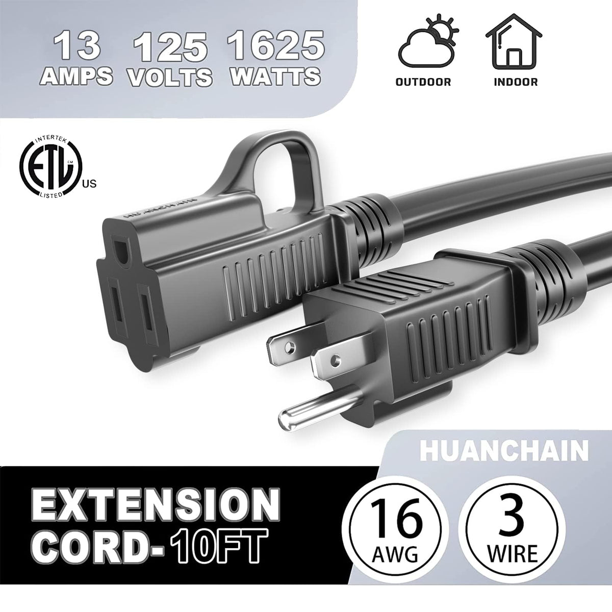 HUANCHAIN Indoor Black Extension Cord 3 FT Waterproof 16/3 Gauge
