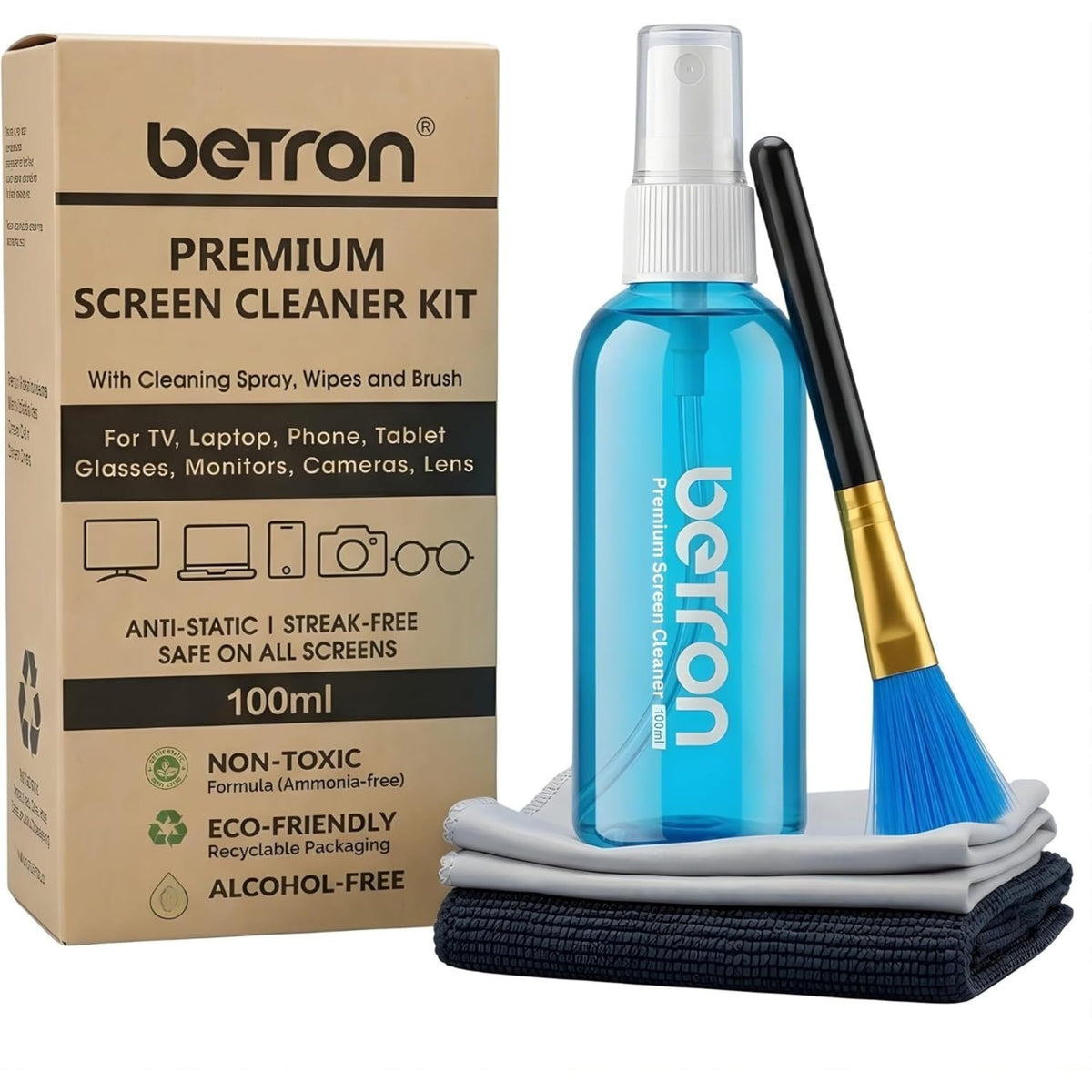 Betron Screen Cleaner Spray Kit with Cloth for TV, Laptop, Monitor, 500ml