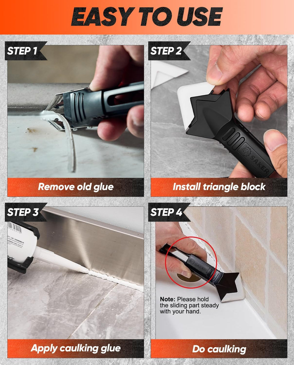 Saker Silicone Caulking Tool 3-in-1 Grout Removal Tool Classic Black