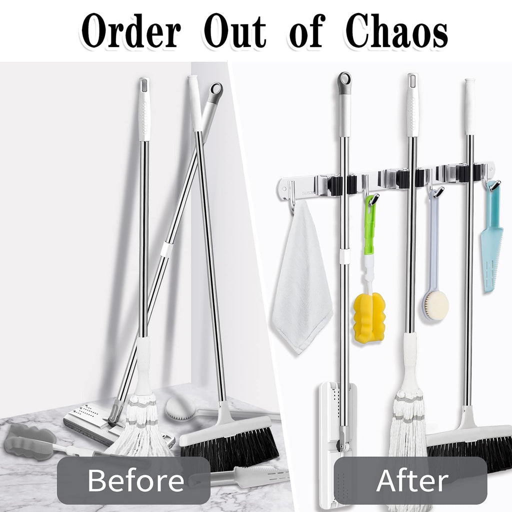 AceMining Broom Holder Wall Mount, 5 Racks 4 Hooks Heavy Duty Mop Organizer