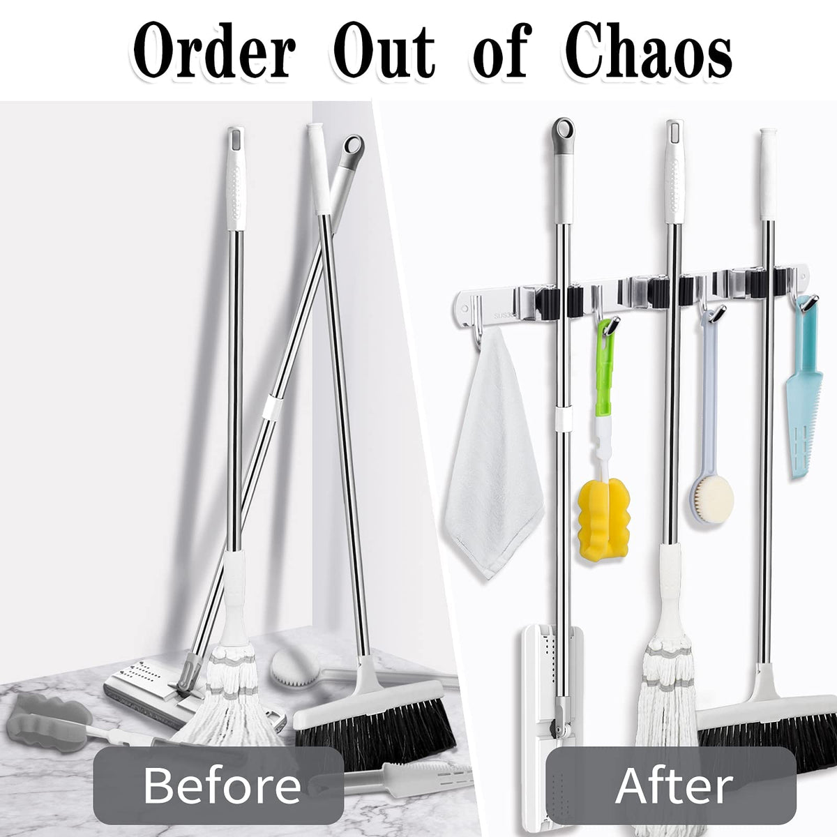 AceMining Broom Holder Wall Mount, 5 Racks 4 Hooks Heavy Duty Mop Organizer