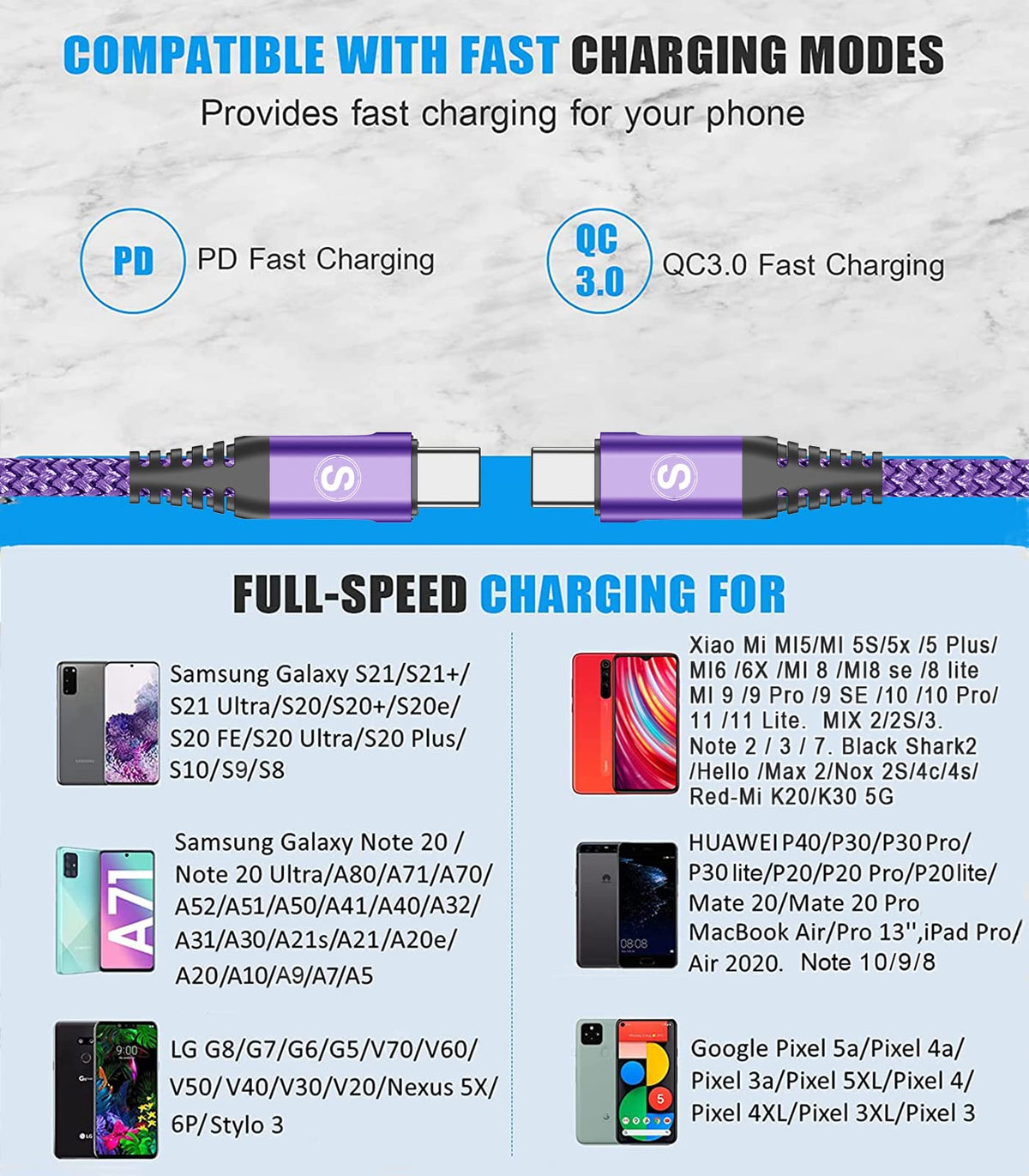 2-Pack 2m 60W USB C to USB C Charger Cable, PD Type C Super Fast Charging for iPhone 17 air 16 15 MacBook iPad Pro, Samsung Flip Fold 7 6 5 S26 S25 S24 S23 Ultra, Steam Deck, Nintendo Switch etc