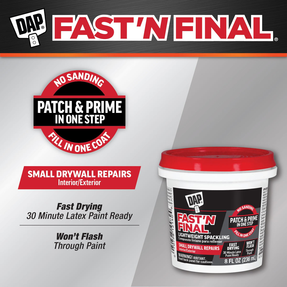 DAP Fast 'N Final Lightweight Spackling, White, 8 Oz (7079812140) (Pack of 12)