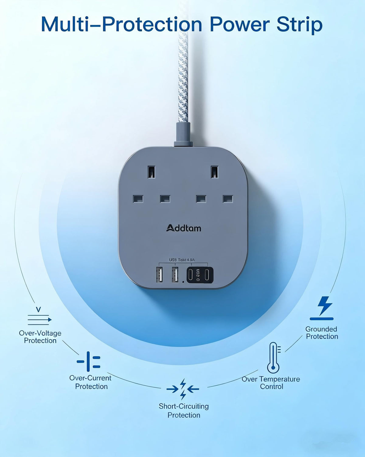 Extension Lead, Power Strips with 2 Way Outlets 4(4.5A, 2 Type C & 2 USB-A)